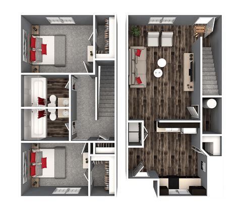 Floor plan for 2 beds, 2 baths, 970 sqft